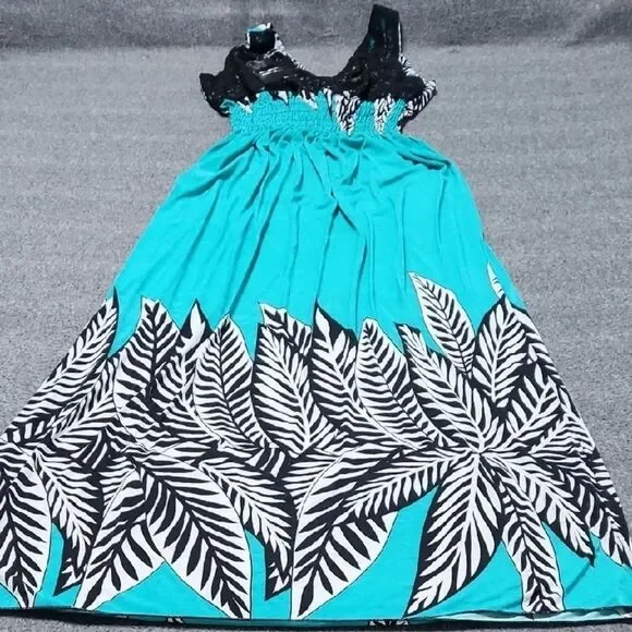 Turquoise Black Lace Leaf Print Maxi Dress Size M V Neck Smocked Waist -  www.threedaughtersproperties.com